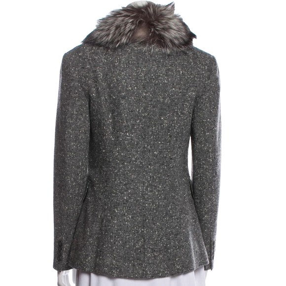 Designer Michael Kors Collection Grey Tweed Shawl Collar Fox Fur Trim Blazer Med - Picture 6 of 7